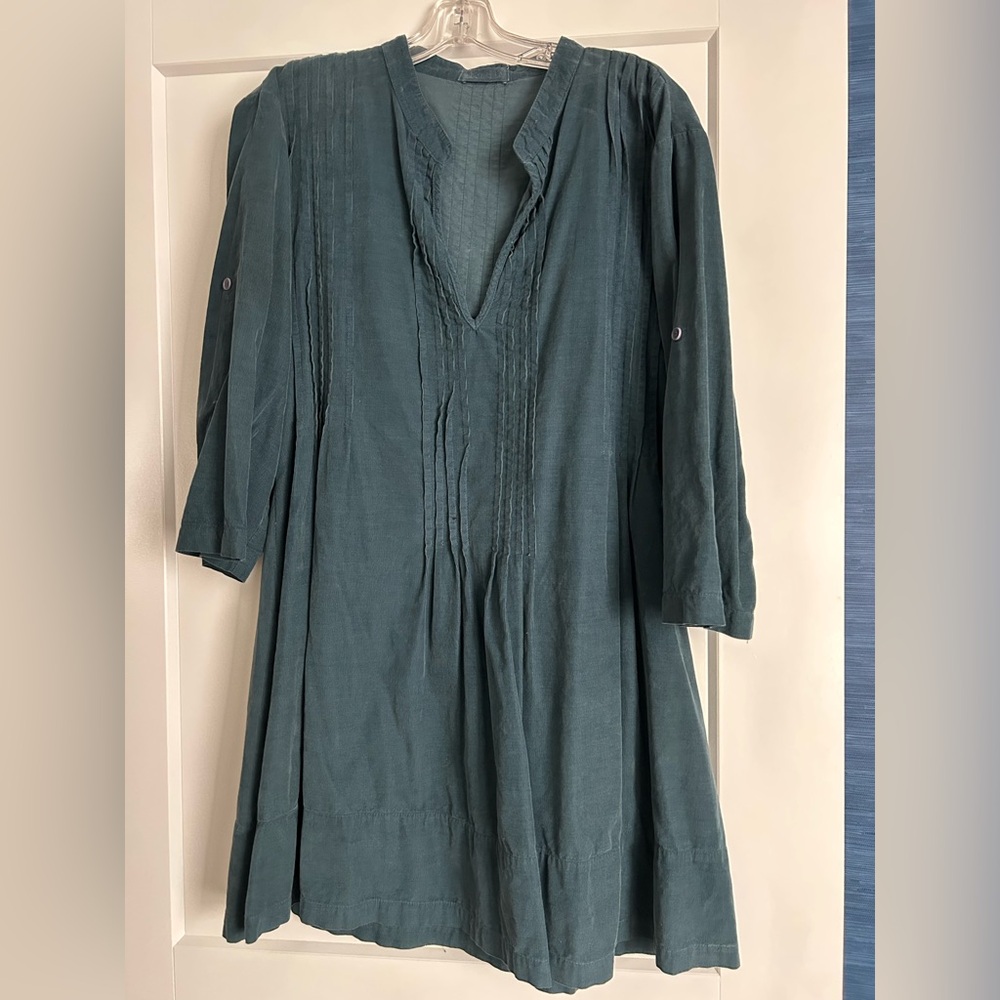 CP Shades thin wale corduroy shift dress w/ v-neck & gathered front detail Small